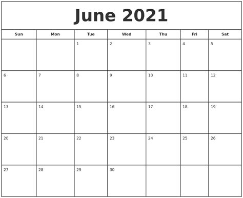 June Calendar Printable 2021